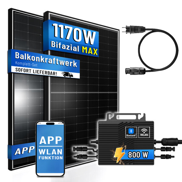 Balkonkraftwerk 1170W Solaranlage mit 800W Eway Micro Wechselrichter WiFi Bluetooth, 2X 450W Bifaziale Solarmodule, Schukokabel 5m, Photovoltaik PV Anlage (1170W)