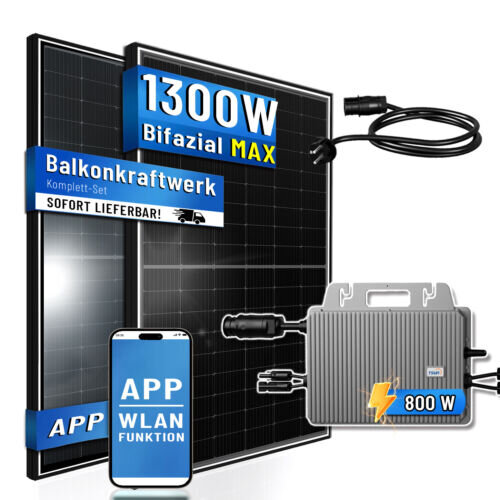 PIANETA Balkonkraftwerk 1300W Solaranlage mit 800W Eway Micro Wechselrichter WiFi Bluetooth, 2X 500W Bifaziale Solarmodule, Schukokabel 5m, Photovoltaik PV Anlage (1300W)