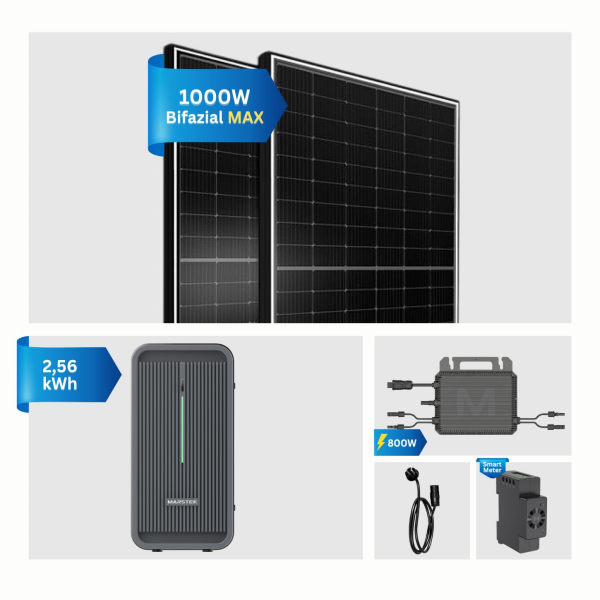 Balkonkraftwerk 1000W mit Speicher Marstek B2500 2240Wh, 2x500Wp bifazialen Solarmodulen,  Marstek 800W Mikrowechselrichter und Masteck CT-002 Smart Meter