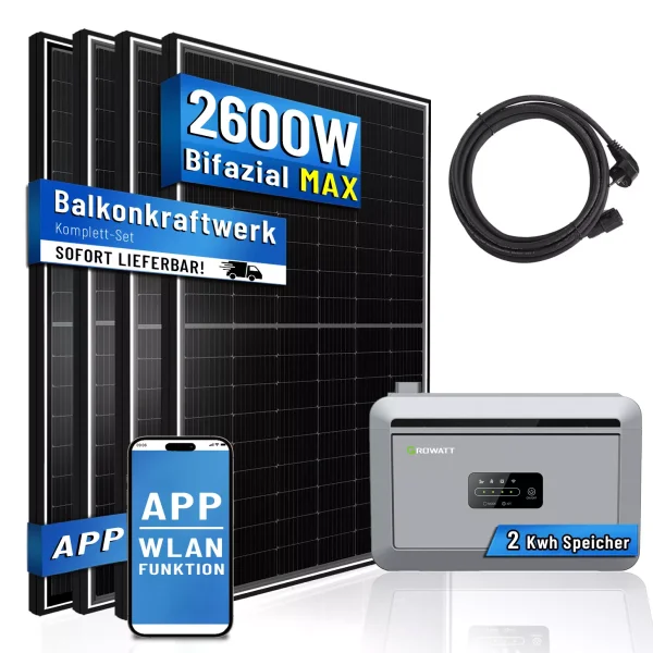 Balkonkraftwerk 2600W mit 2048W Speicher, 4x500W Glas-Glas Solarmodule mit Growatt Nexa 2000 Stromspeicher, bifazial Solarpaneele bis zu 2600W Leistung, Solaranlage Photovoltaik FULL BLACK.