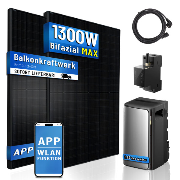 Balkonkraftwerk 1300W mit Ecoflow Ultra Speicher, 2x 500W Solarpanel Bifazial Volschwarz