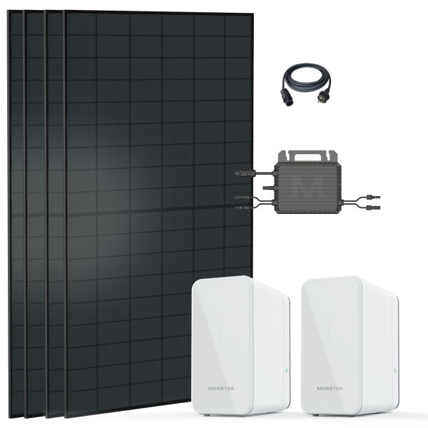 Balkonkraftwerk 2600W Solaranlage mit 4480W Speicher Marstek B2500W, 800W Marstek Micro Wechselrichter WiFi, 4x500W Vollschwarz Bifazial Solarmodule, Photovoltaik PV Anlage mit 2 Stück Speicher