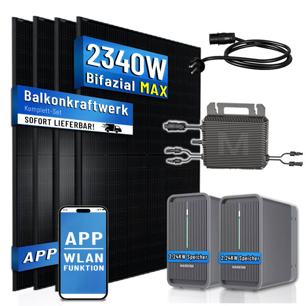Balkonkraftwerk 4x450W mit Marstek800W Wechselrichter WiFi Bluetooth mit 2xMarstek Speicher B2500 4480Wh