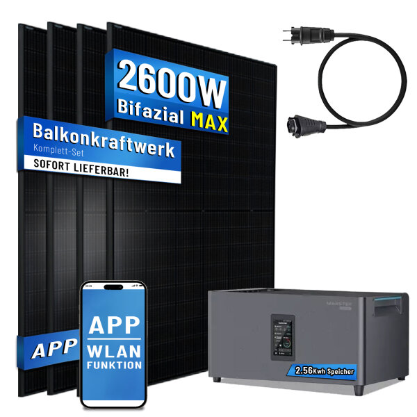 Balkonkraftwerk 2000W Bifazial  mit Speicher, Marstek Jupiter C plus mit 2.56kWh