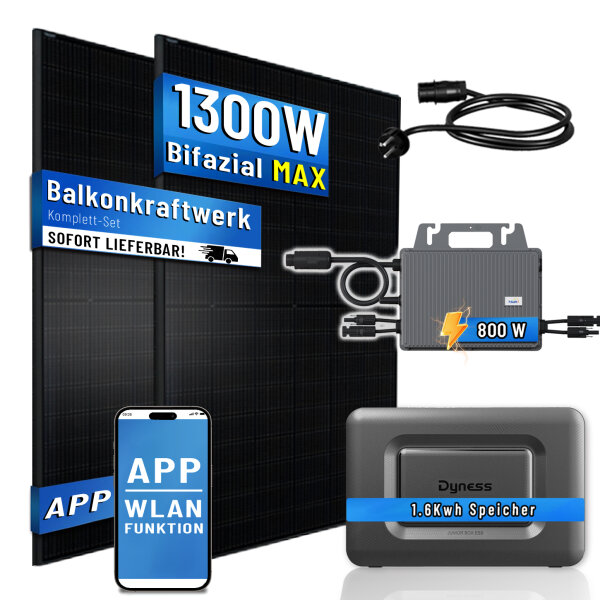 Balkonkraftwerk 1300W mit Speicher Dyness Junior Box 1600Wh, 800W TSUN Micro Wechselrichter, 2x500W Bifaziale Solarmodule, Solaranlage mit Stromspeicher Photovoltaik PV Anlage für Haus Balkon