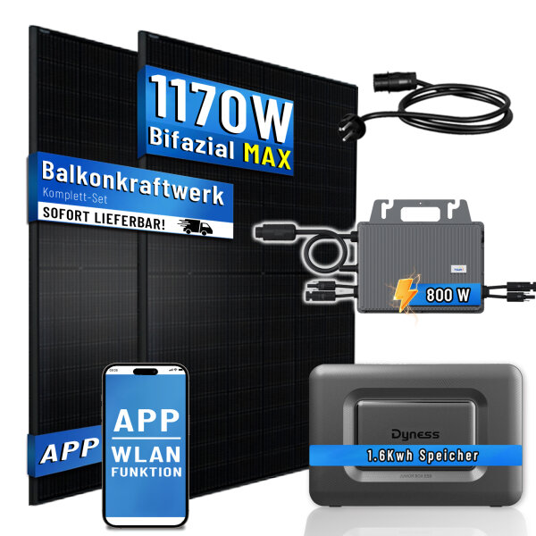 Balkonkraftwerk 1170W mit Speicher Dyness Junior Box 1600Wh, 800W TSUN Micro Wechselrichter, 2x450W Bifaziale Solarmodule, Solaranlage mit Stromspeicher Photovoltaik PV Anlage für Haus Balkon