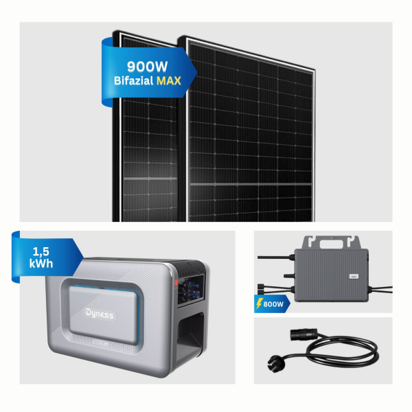 Balkonkraftwerk 900W mit Speicher Dyness Junior Box 1600Wh, 800W TSUN Micro Wechselrichter, 2x450W Bifaziale Solarmodule, Solaranlage mit Stromspeicher Photovoltaik PV Anlage für Haus Balkon