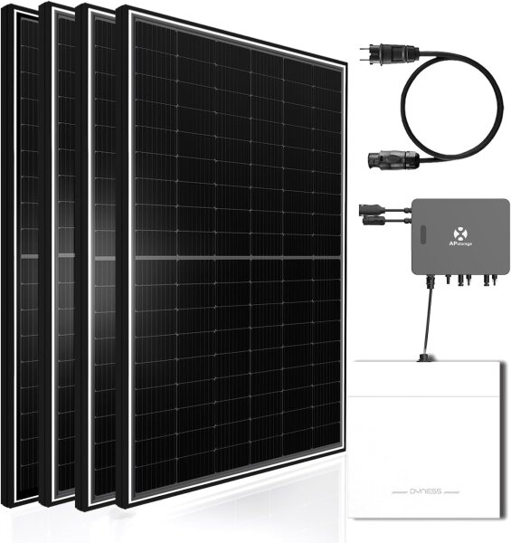 Balkonkraftwerk 2600W mit 4800W Dyness Speicher, 4x500W Bifazial Solarmodule Vollschwarz mit Dyness Stromspeicher 4,8kwh, APS EZHI 1200W Wechselrichter Inselanlage PV Anlage für Haus Balkon Garten #1