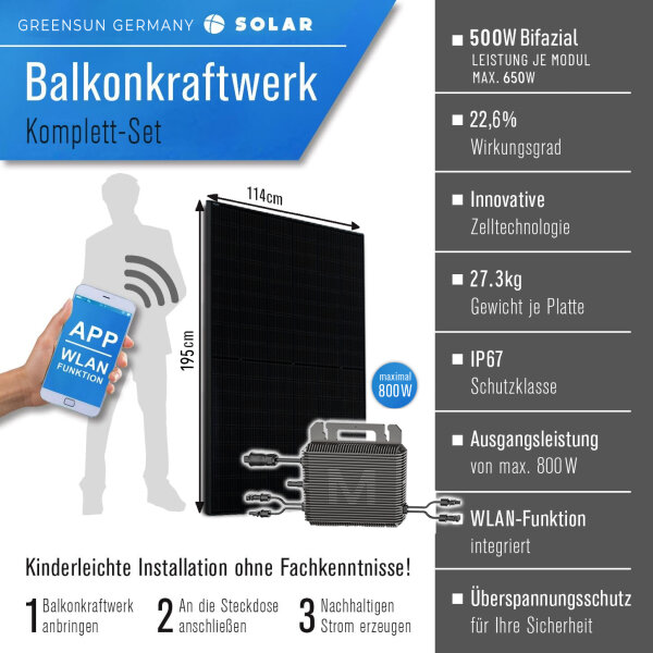 Balkonkraftwerk 1300W Solaranlage mit Speicher Marstek B2500, 800W Marstek Micro Wechselrichter, 2x500W Bifaziale Solarmodule Vollschwarz, Photovoltaik PV Anlage mit Solarspeicher, ohne Smart Meter