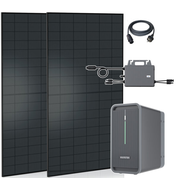 Balkonkraftwerk 1300W Solaranlage mit Speicher Marstek B2500 2240Wh, 800W TSUN Micro Wechselrichter, 2x500W Bifazial Solarmodule Vollschwarz, Photovoltaik PV Anlage mit Solarspeicher, ohne Smart Meter