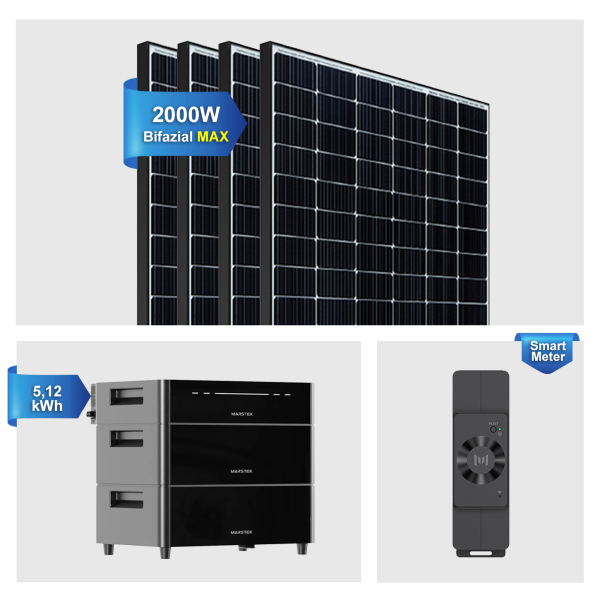 Balkonkraftwerk 2000W mit Speicher Marstek Venus D 5120Wh, 4x500W Black Frame Glas-Glas Solarmodule mit 5,12kWh Solarspeicher, bis zu 4kW PV-Eingang, Solaranlage Photovoltaik