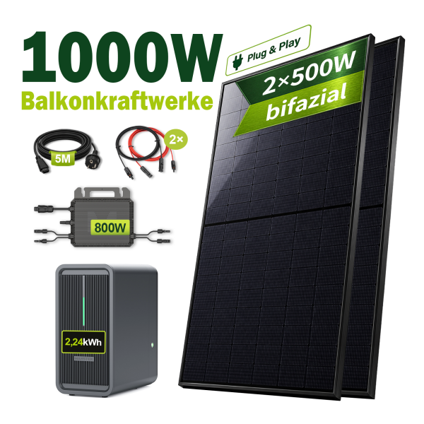 Marstek® B2500-D Solarspeicher 2,24kWh  im Balkonkraftwerk Komplettset | 1000W Bifazial PV-Module, 800W Mikrowechselrichter, Plug & Play (ohne Smart Meter)