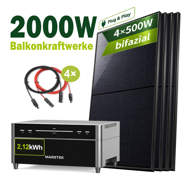Marstek® Venus A All-in-One Solarspeicher 2,12kWh im Balkonkraftwerk Komplettset | 2000W Bifazial Glas-Glas Modulen (ohne Smart Meter)