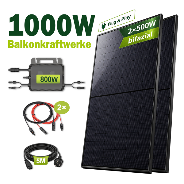 Balkonkraftwerk 1000W Solaranlage mit 800W Marstek Wechselrichter