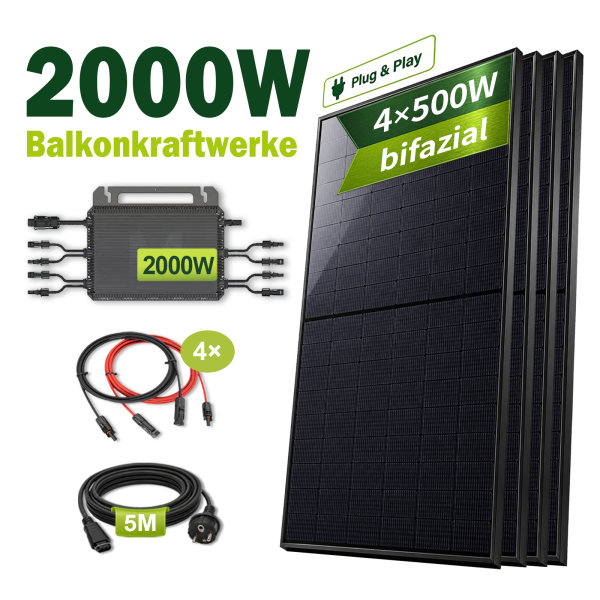 Balkonkraftwerk 2000W  Komplettset mit 4*500Wp Bifaziale PV-Modulen und 2000W Marstek Mikro-Wechselrichter