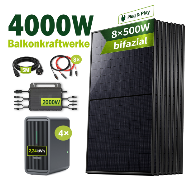 Marstek® B2500-D Solarspeicher 8,96kWh  im Balkonkraftwerk Komplettset | 4000W Bifazial PV-Module, 2000W Mikrowechselrichter, Plug & Play (ohne Smart Meter)