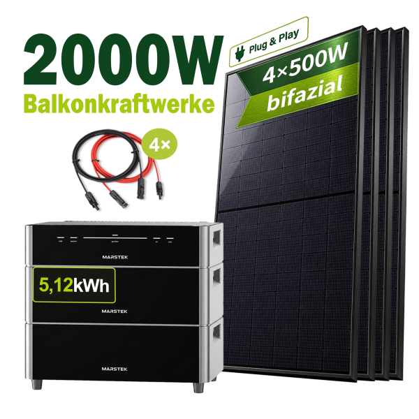 Balkonkraftwerk 2000W MARSTEK Venus D All-in-One Plug-in Batterie 5,12 kWh Zusatzakku mit 4×500W bifazialen Solarmodulen PV Solaranlage Solarspeicher