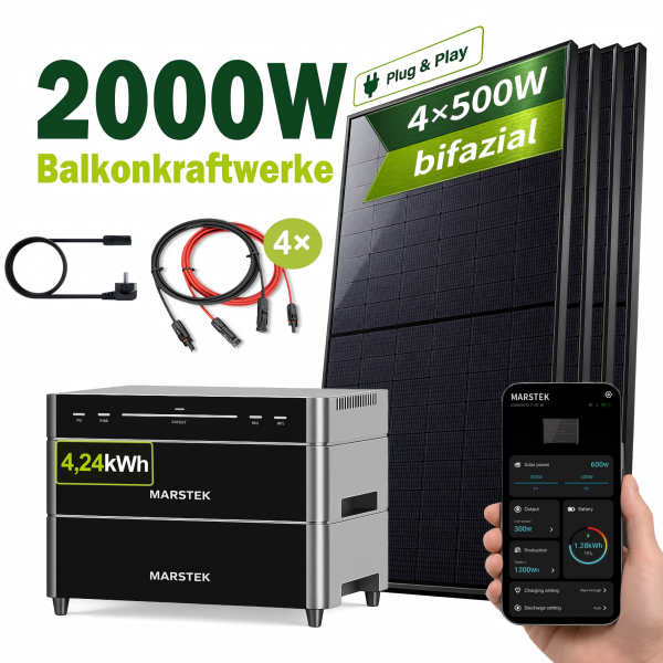 Marstek® Venus A All-in-One Solarspeicher 4,24kWh im Balkonkraftwerk Komplettset | 2000W Bifazial Glas-Glas Modulen (ohne Smart Meter)